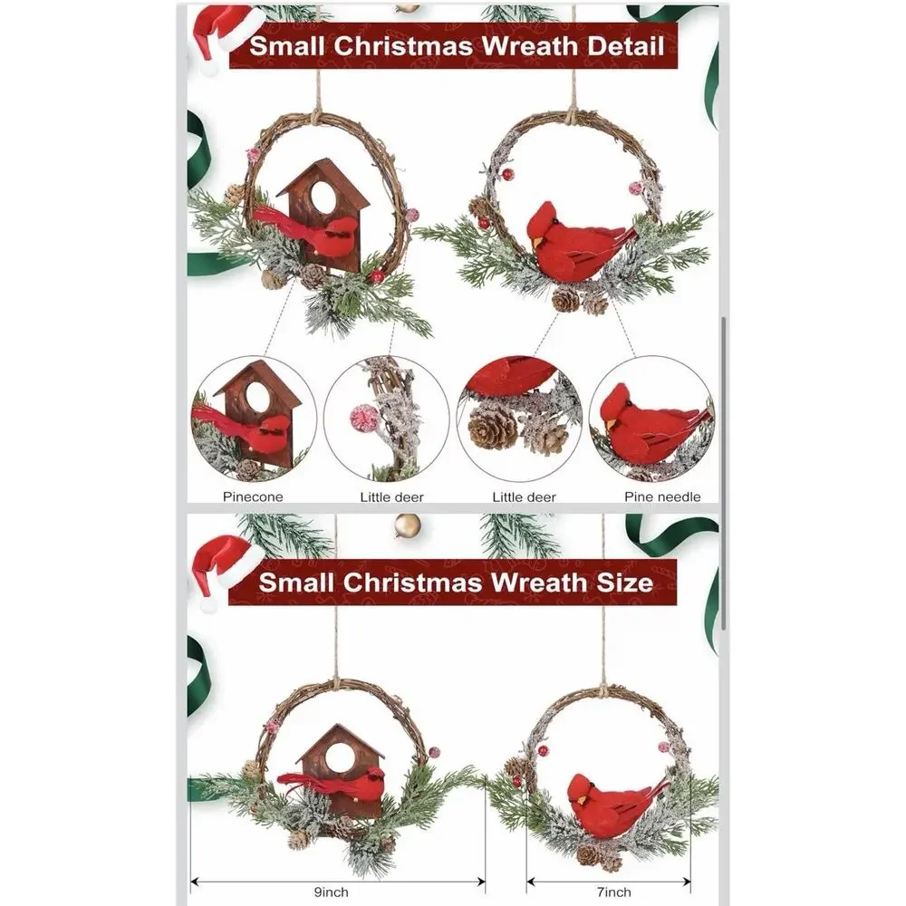 2pcs Small Christmas Wreath with Cardinal, 9-inch Mini Wreaths